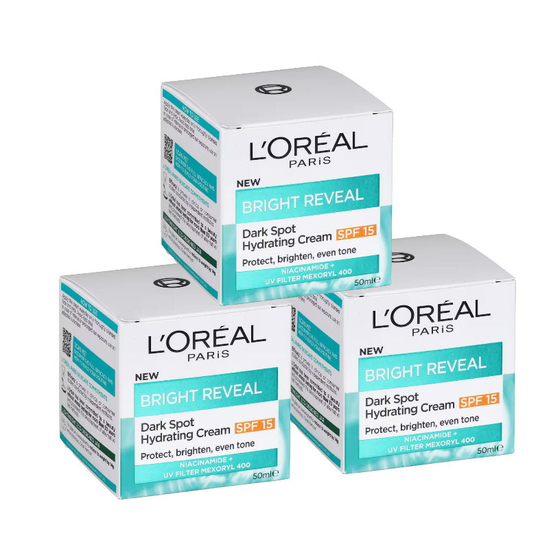 3x L'Oreal Paris Bright Reveal Dark Spot Hydrating Cream Moisturiser SPF15 50ml