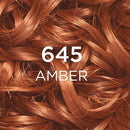 A close-up of coppery amber hair strands with white text reading '645 AMBER' centered over the image. L'Oreal Paris Casting Creme Gloss Semi-Permanent Hair Colour 645 Amber