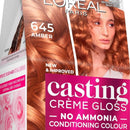 L'Oréal Paris Casting Crème Gloss hair dye box in shade 645 Amber, featuring a model with long, wavy amber-brown hair on the front packaging. L'Oreal Paris Casting Creme Gloss Semi-Permanent Hair Colour 645 Amber