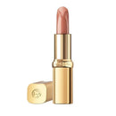L'Oréal Paris lipstick in a gold tube with a nude pink lipstick bullet, shown with its cap off next to it on a white background. L'Oreal Paris Color Riche Classic Satin Lipstick 505 Resilient