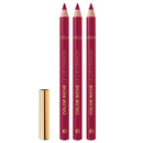 Three L'Oréal Paris Color Riche Le Lip Crayon pencils in a deep berry red shade, shown upright next to a gold cap on a plain white background.