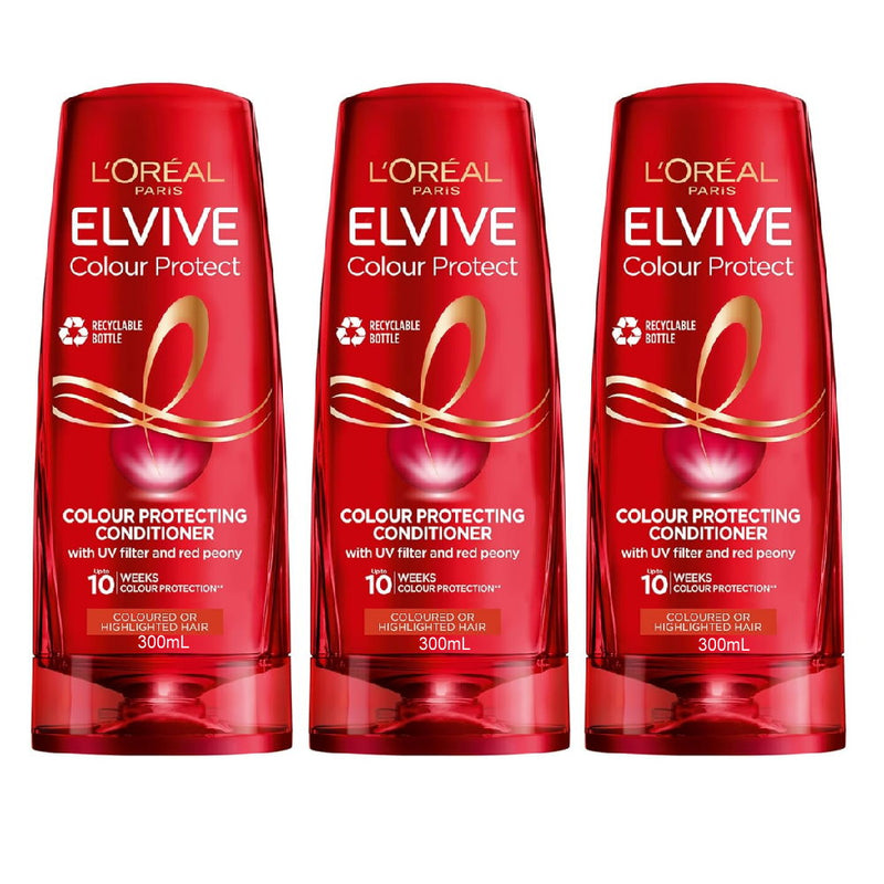 Three bottles of L'Oreal Elvive Colour Protect conditioner on a white background