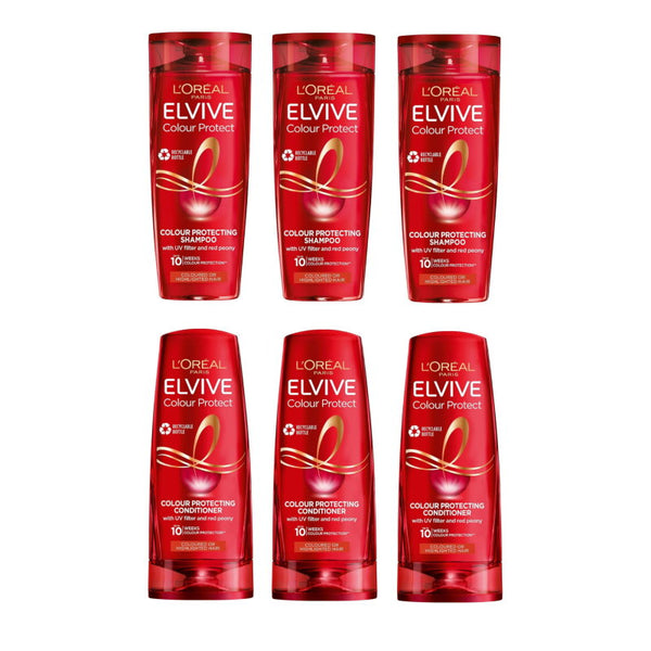 Six bottles of L'Oreal Elvive Colour Protect shampoo and conditioner on a white background