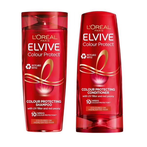 L'Oreal Elvive Colour Protect shampoo and conditioner bottles on a white background