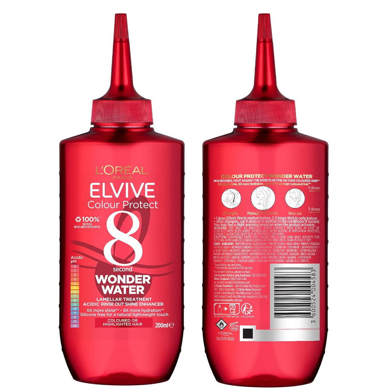 Red bottle of L'Oreal Elvive Colour Protect with front and back views on a white background