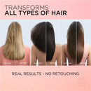 Before and after hair transformation with a pink background
