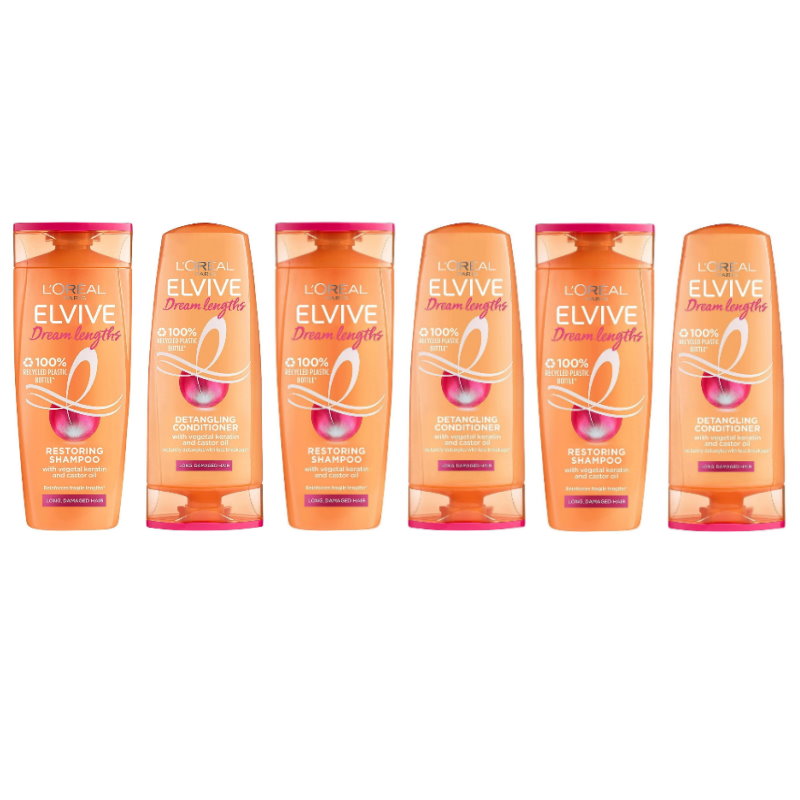 6pk L'Oreal Paris Elvive Dream Lengths Detangling Shampoo and Conditioner Set 300ml