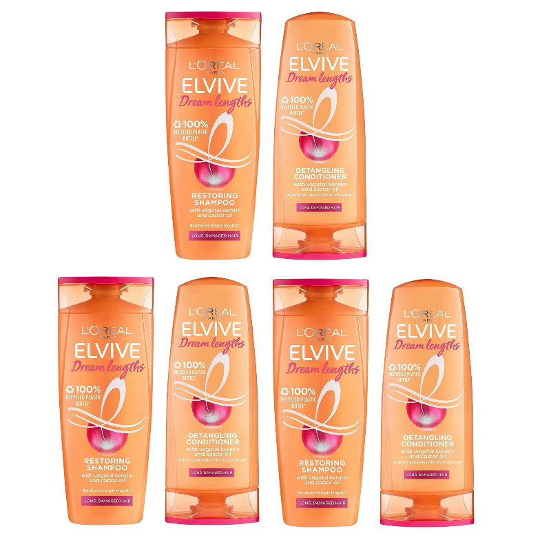 6pk L'Oreal Paris Elvive Dream Lengths Detangling Shampoo and Conditioner Set 300ml