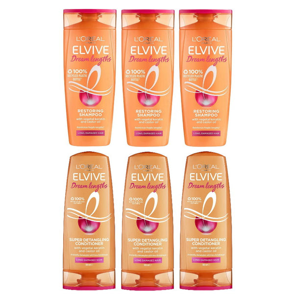 6pk L'Oreal Paris Elvive Dream Lengths Detangling Shampoo and Conditioner Set 300ml