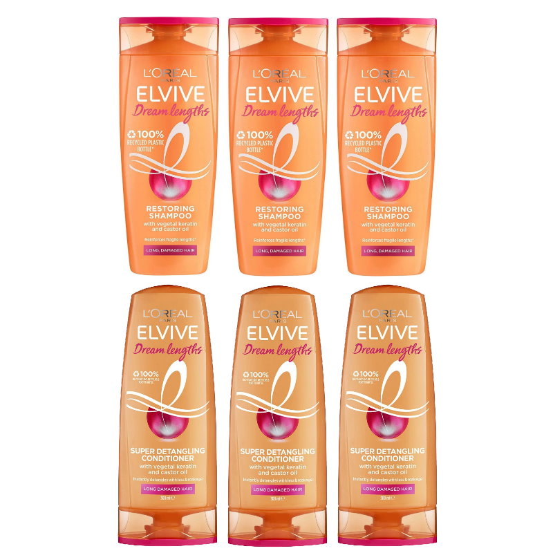 6pk L'Oreal Paris Elvive Dream Lengths Detangling Shampoo and Conditioner Set 300ml