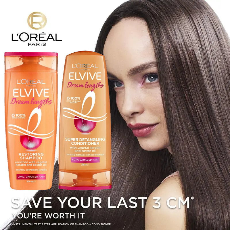 L'Oreal Elvive hair care products with a woman featuring long hair on a white background