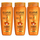 Three bottles of L'Oreal Elvive Extraordinary Oil shampoo on a white background