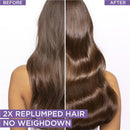Before and after comparison of replumped hair with a white background