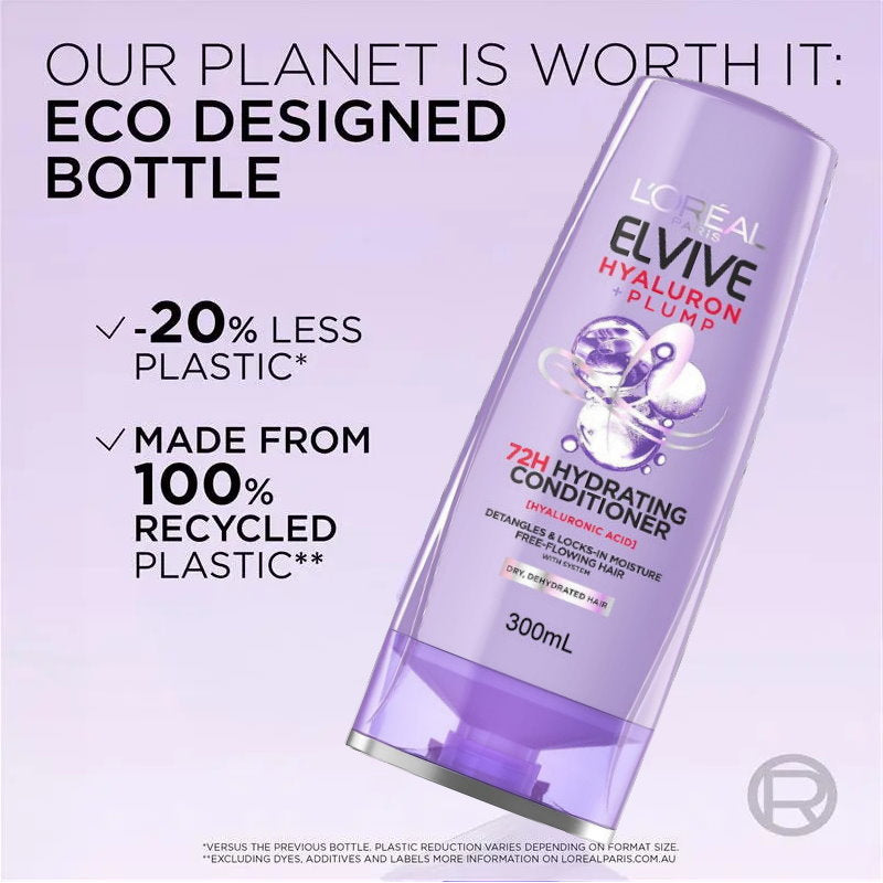 L'Oreal Elvive conditioner bottle with eco-friendly packaging details on a light purple background