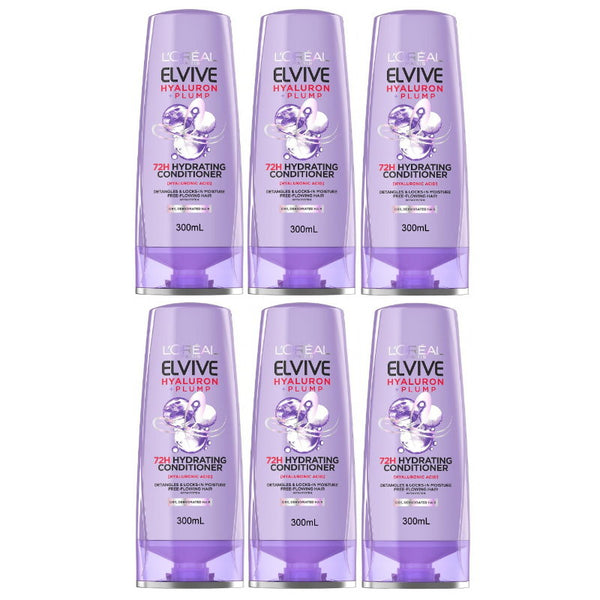 Six bottles of L'Oreal Elvive Hyaluron Plump conditioner on a white background