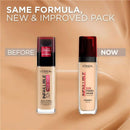 L'Oreal Infallible foundation bottles labeled 'Before' and 'Now' on a beige background