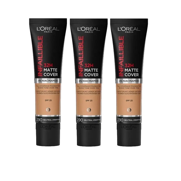 3x L'Oreal Paris Infaillible 32H Matte Cover Foundation 30ml 290 Neutral Undertone