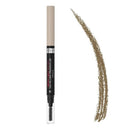 A single brow pencil shown vertically on a white background, with a textured brown eyebrow swatch drawn to the right. The pencil has a beige cap, a black barrel with red and white text, and a clear lower section showing the spoolie end. L'Oreal Infallible Brows Filling Triangular Pencil 8.0 Light Cool Blonde - Makeup Brisbane