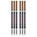 Six brow pencils arranged vertically in two rows of three on a plain white background. The pencils have brown tips, black barrels with white and pink text, and clear spoolie ends. L'Oreal Paris Infallible Brows 24H Micro Precision Pencil 6.32 Auburn