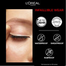 L'Oréal Paris eyelash adhesive packaging graphic with a close-up of an eye applying or wearing the lashes, plus text and icons stating 'Infallible Wear,' 'Up to 24hr,' 'Dental morphology suitable for sensitive eyes tested,' 'Waterproof,' 'Sweatproof,' and 'Rubproof' on a black background.