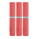 Three L'Oréal Paris lipstick tubes in a coral pink shade, arranged side by side on a plain white background. 3x L'Oreal Le Matte Resistance Liquid Lipstick 625 Summer Flying - Makeup Warehouse Sydney