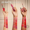 Three human arms are shown holding lipstick tubes and displaying vertical rows of matte lipstick swatches on the forearms, with the text '23 MATTE SHADES' at the top and shade numbers overlaid on the center arm.  L'Oreal Le Matte Resistance Liquid Lipstick 625 Summer Flying - Makeup Warehouse Sydney