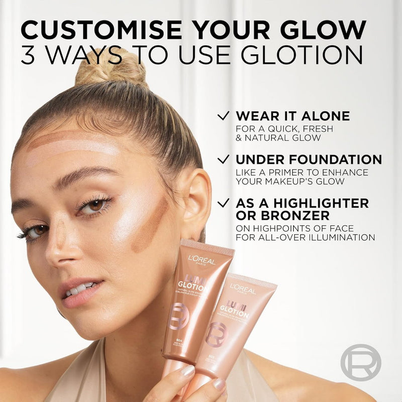 Advertisement for L'Oreal Glotion with a woman applying it to her face and text on how to use it.