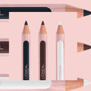 Three L'Oréal Paris eyeliner pencils in black, brown, and white shades, displayed vertically in the center of a light pink graphic layout with stylized pencil tips in the background.