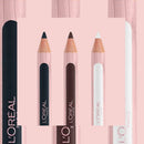 Four L'Oréal Paris eyeliner pencils in pink wood-look barrels, shown with their matching black and white smears on a soft pink background.  L'Oreal Paris Paradise Le Khol Eyeliner 102 Espresso