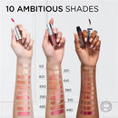 Lipstick shades with swatches on arms and text '9 Ambitious Shades' above.