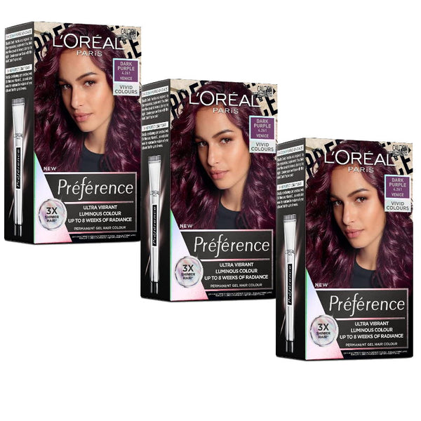 3x L'Oreal Paris Preference Vivids Permanent Hair Colour 4.261 Dark Purple