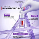 L'Oreal Paris serum bottle with text about hyaluronic acid types on a purple background