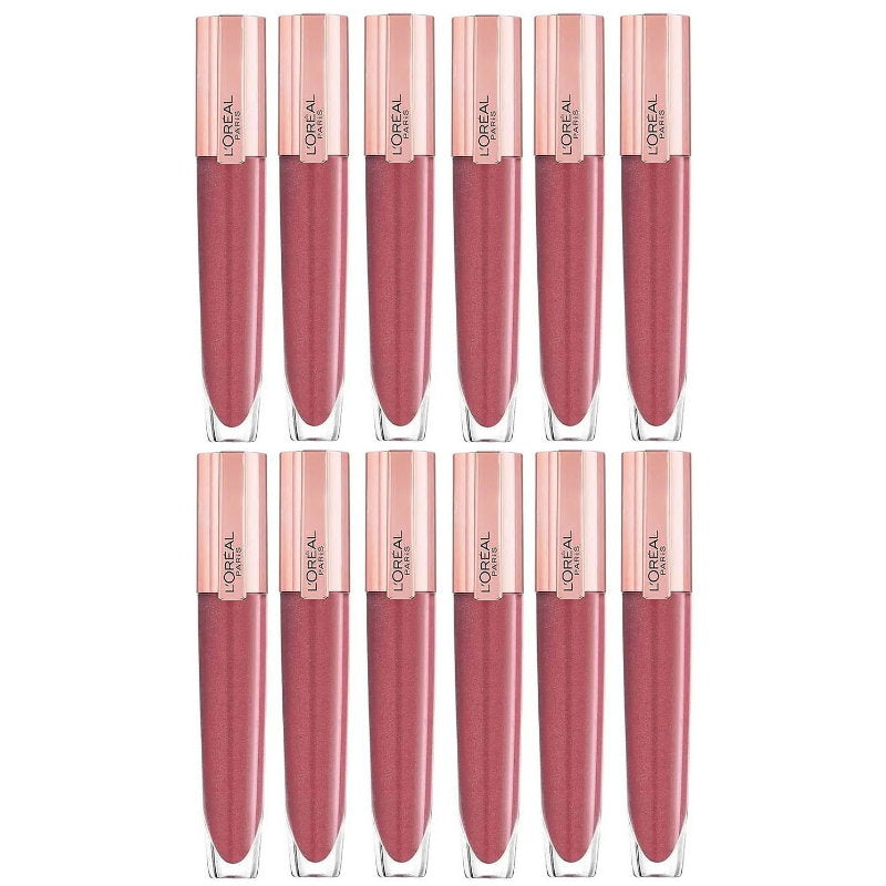 Set of L'Oreal lip glosses in various shades on a white background