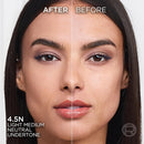 Before and after comparison of a woman's face with makeup application, showing a light medium neutral undertone.