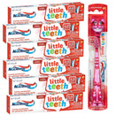 Mclean's little teeth toothpaste boxes and a pink children's toothbrush with a bunny design.
