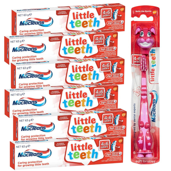 Mclean's little teeth toothpaste boxes and a pink children's toothbrush with a bunny design.