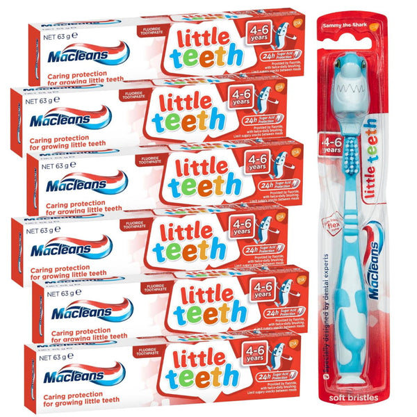 7pk Macleans Little Teeth Shark Toothbrush plus Toothpaste 4-6 years
