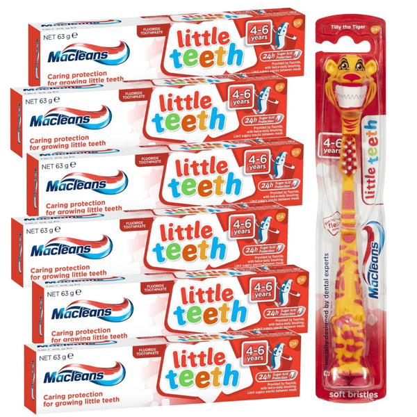 Macleans little teeth toothpaste and toothbrush packaging for children aged 4-6 years.