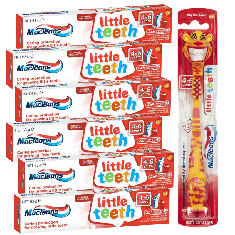 Macleans little teeth toothpaste and toothbrush packaging for children aged 4-6 years.