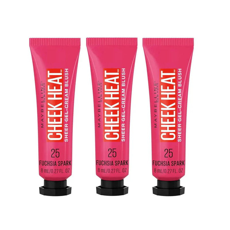 3x Maybelline Cheek Heat Sheer Gel Cream Blush 8ml 25 Fuchsia Spark