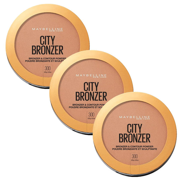 Three Maybelline City Bronzer products on a white background