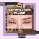 Eyebrow pencil with 'Shape-Up Your Brows Instantly!' text and before-and-after comparison on a cityscape background.