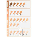 A foundation shade chart showing swatches labeled by shade numbers and categories: medium-deep, medium, light-medium, and fair-light. A gray rectangle highlights one of the fair-light swatches.