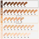 A foundation shade chart showing rows of swatches labeled DEEP, MEDIUM-DEEP, MEDIUM, LIGHT, and VERY LIGHT, with shade numbers beneath each swatch. A medium shade swatch is highlighted with a rectangular outline.
