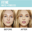 Before and after comparison of a woman's face with 'Fit Me Matte + Poreless' makeup.
