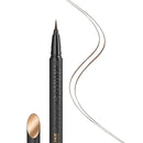 A black fine liner eyeliner pen with gold lettering, shown alongside its cap and a brown eye-line swatch on a white background. Maybelline Hypersharp 36H Extreme Ink Eyeliner Brown 