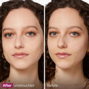 Before and after comparison of a woman's face with visible retouching.