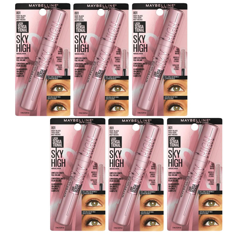 6x Maybelline Lash Sensational Sky High Mascara 801 Very Black Washable (carded)