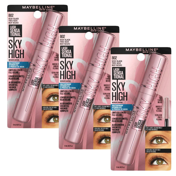 3x Maybelline Lash Sensational Sky High Waterproof Mascara 802 Very Black (carded)