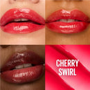Collage of red lips with 'Cherry Swirl' lipstick on a red background
